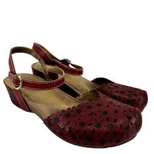 Spring Step Livvy Mary Jane Shoes Leather Wedge Cutout Slingback Floral Red 7